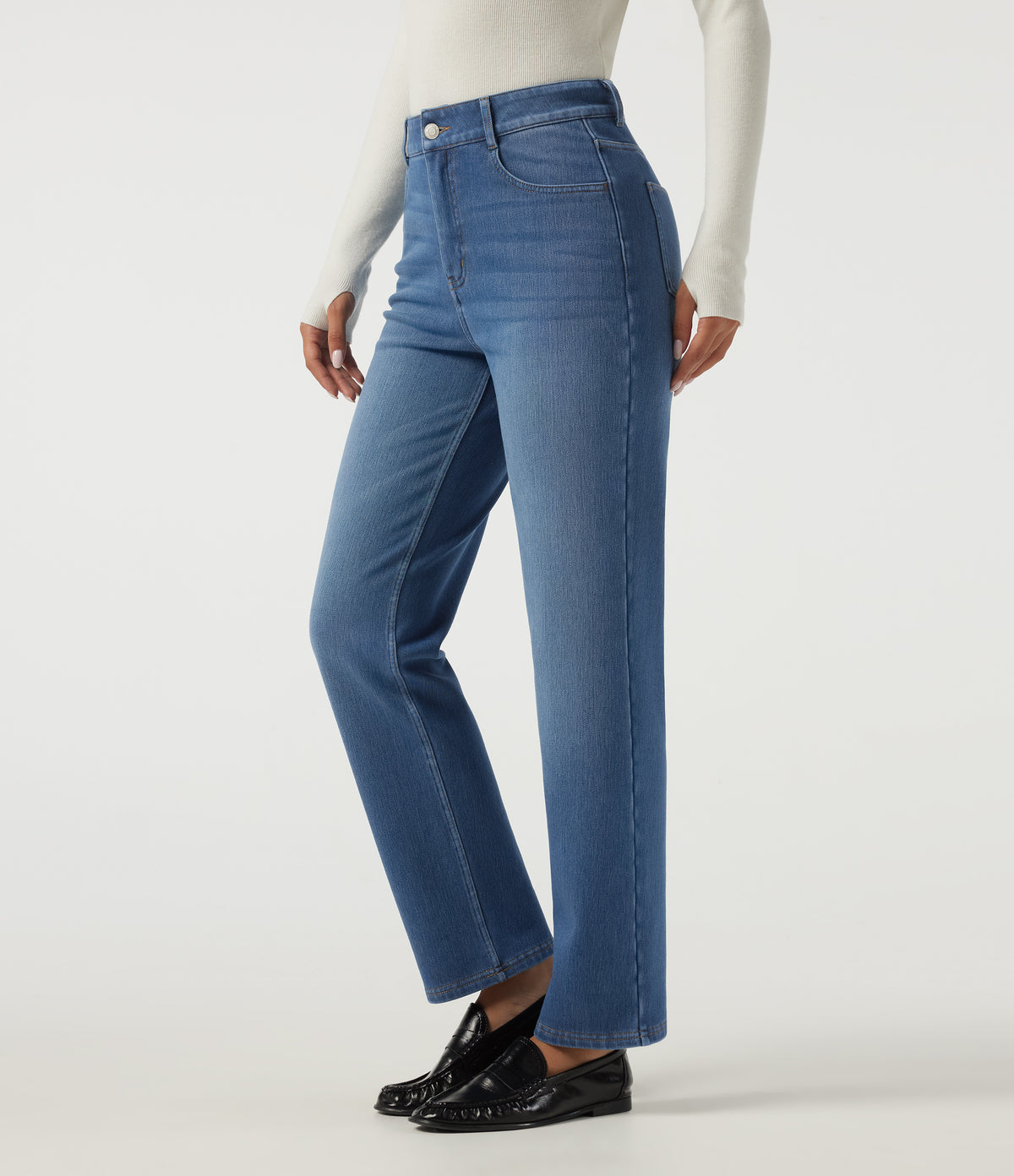 High Waisted Straight Leg Fleece Casual Cotton Jeans with Pockets — Blue Jasper Denim — view 3