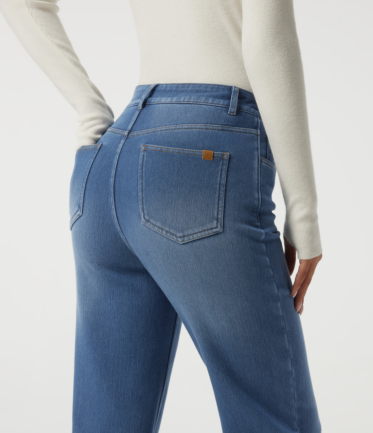 High Waisted Straight Leg Fleece Casual Cotton Jeans with Pockets — Blue Jasper Denim — view 5
