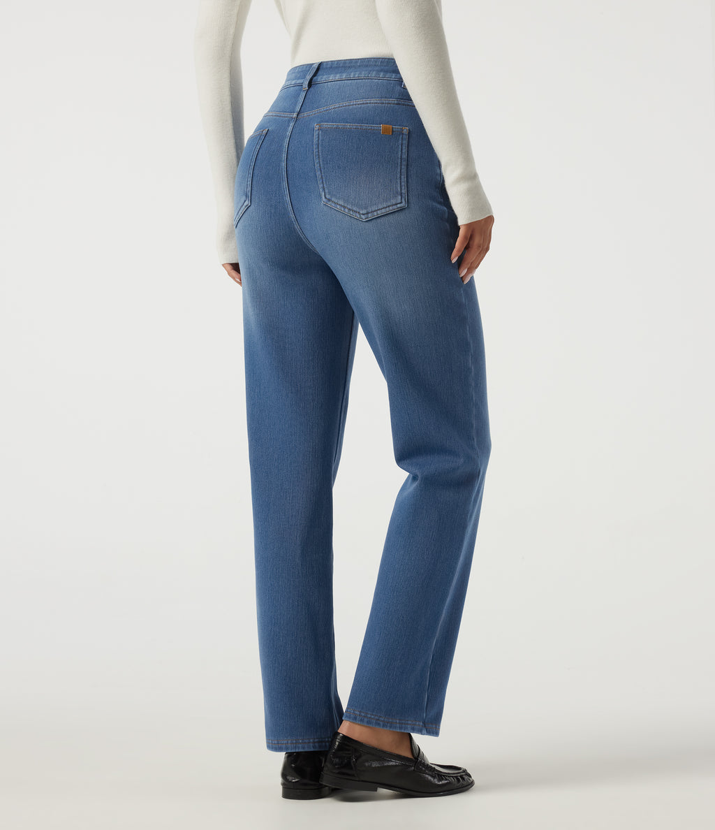 High Waisted Straight Leg Fleece Casual Cotton Jeans with Pockets — Blue Jasper Denim — view 2