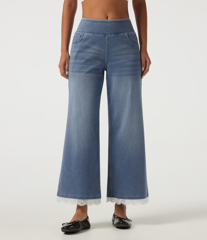 High Waisted Wide Leg Contrast Lace Casual Cotton Jeans with Pockets — Powder Blue Denim — view 1