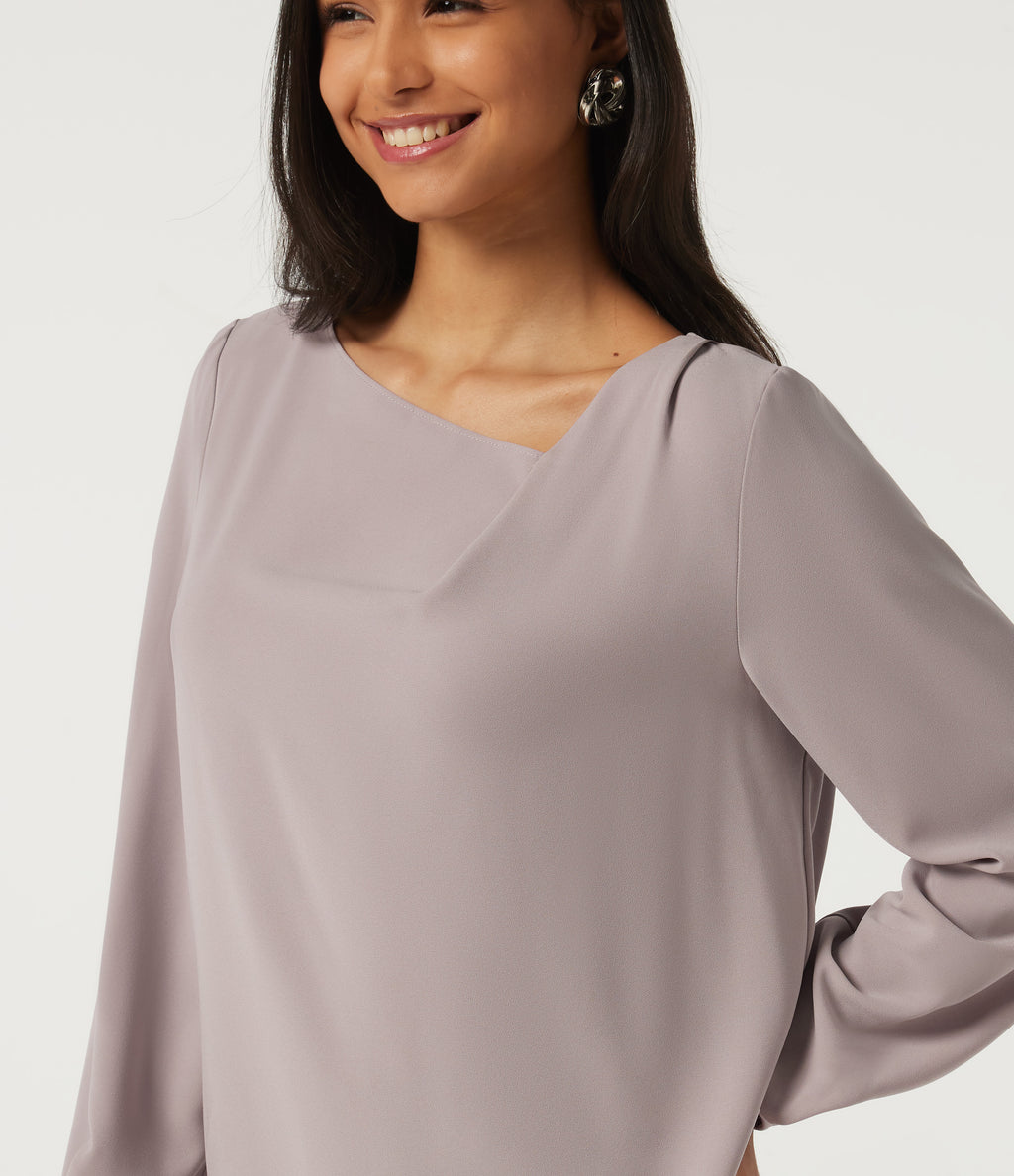 Cowl Neck Long Sleeve Asymmetric Work Blouse — Opal Gray — view 5
