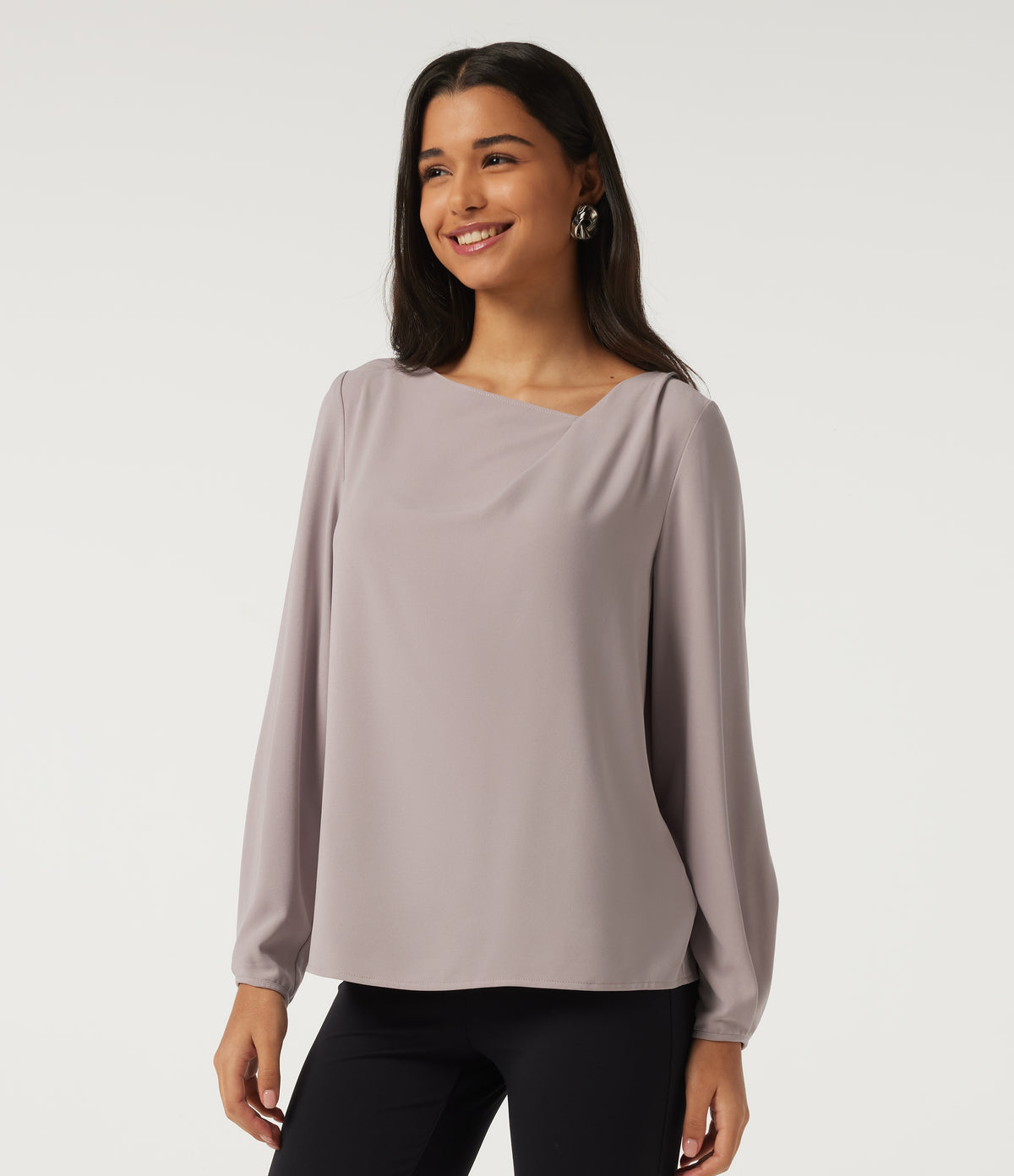Cowl Neck Long Sleeve Asymmetric Work Blouse — Opal Gray — view 3