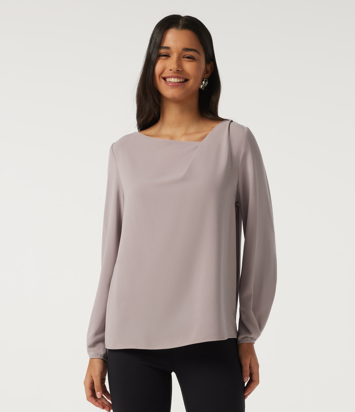 Cowl Neck Long Sleeve Asymmetric Work Blouse — Opal Gray — view 4