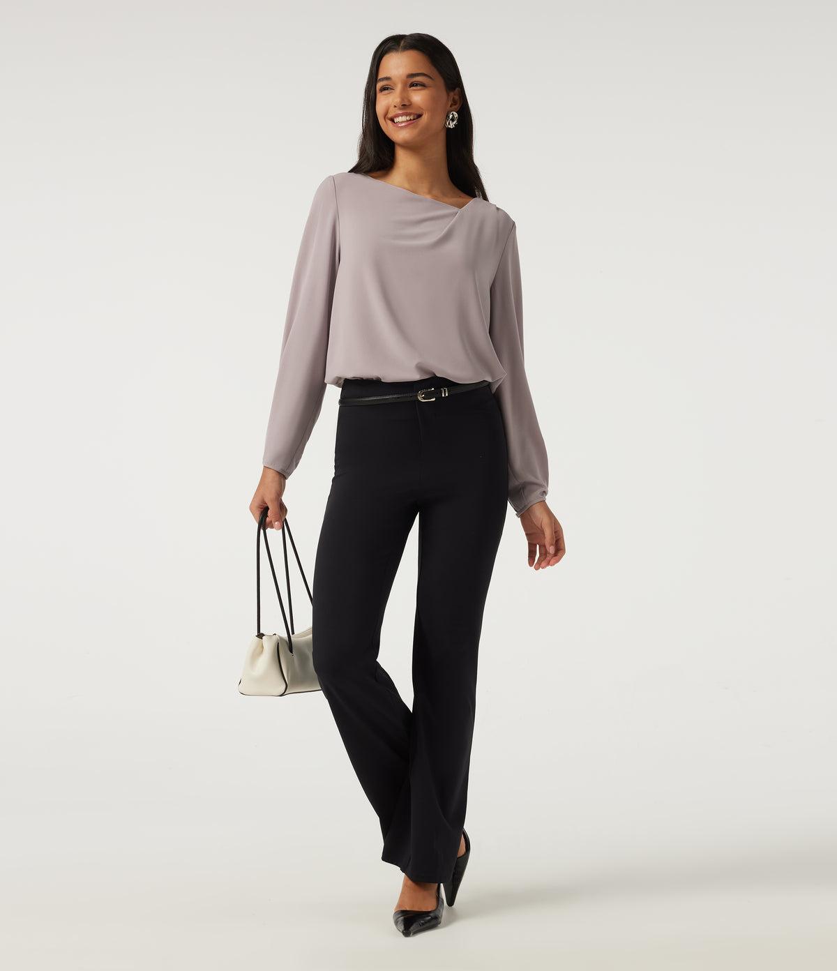 Cowl Neck Long Sleeve Asymmetric Work Blouse — Opal Gray — view 7