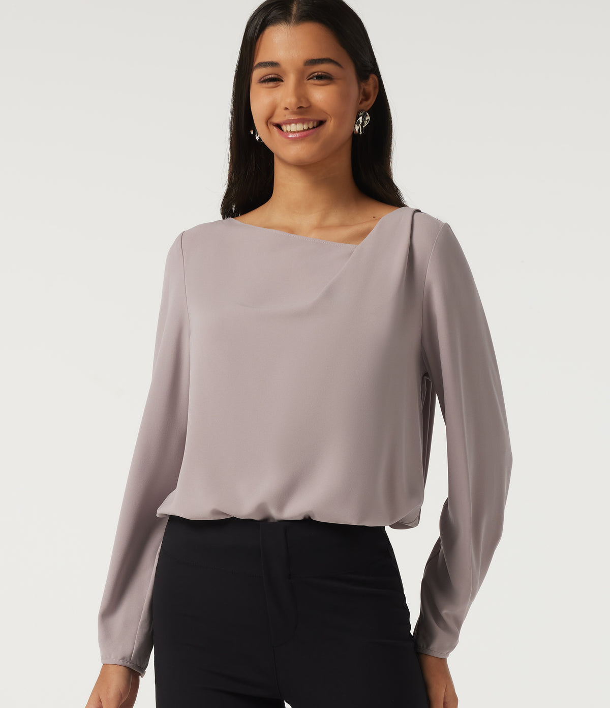 Cowl Neck Long Sleeve Asymmetric Work Blouse — Opal Gray — view 1