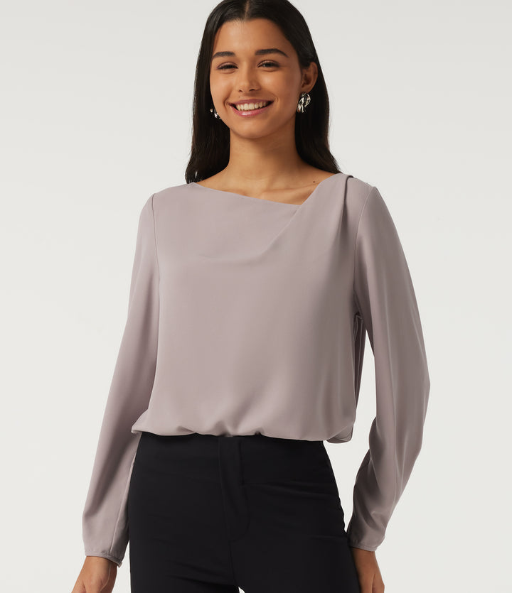 Cowl Neck Long Sleeve Asymmetric Work Blouse — Opal Gray — view 1