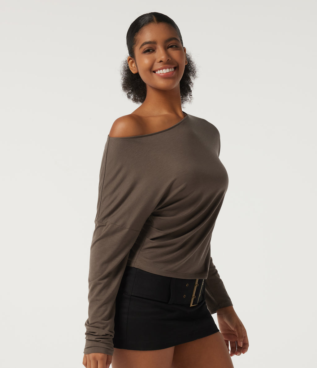One Shoulder Long Sleeve Casual Wool-Blend Top — Hearth Nut Brown — view 3
