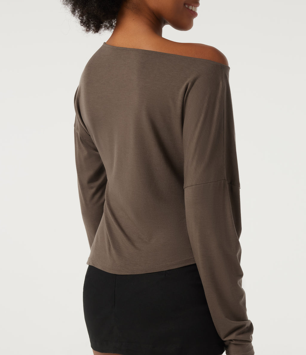 One Shoulder Long Sleeve Casual Wool-Blend Top — Hearth Nut Brown — view 6