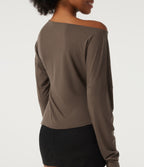 One Shoulder Long Sleeve Casual Wool-Blend Top — Hearth Nut Brown — view 6