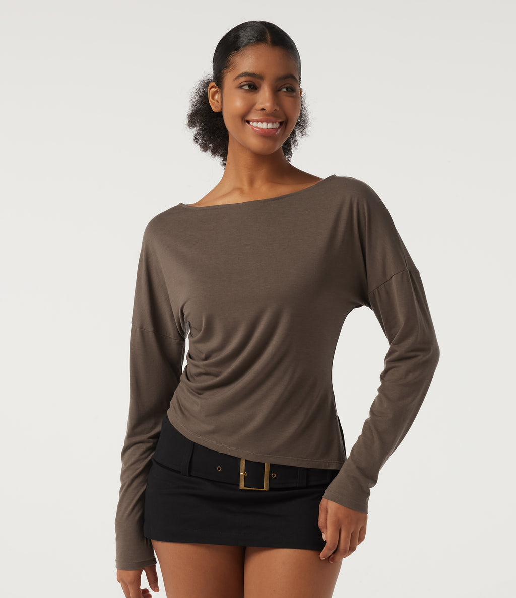 One Shoulder Long Sleeve Casual Wool-Blend Top — Hearth Nut Brown — view 4