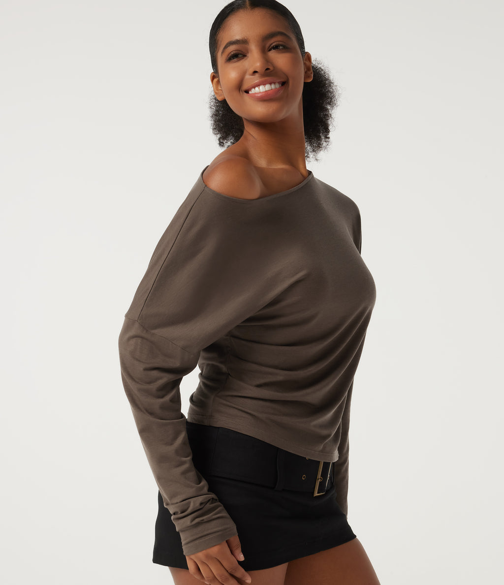 One Shoulder Long Sleeve Casual Wool-Blend Top — Hearth Nut Brown — view 5
