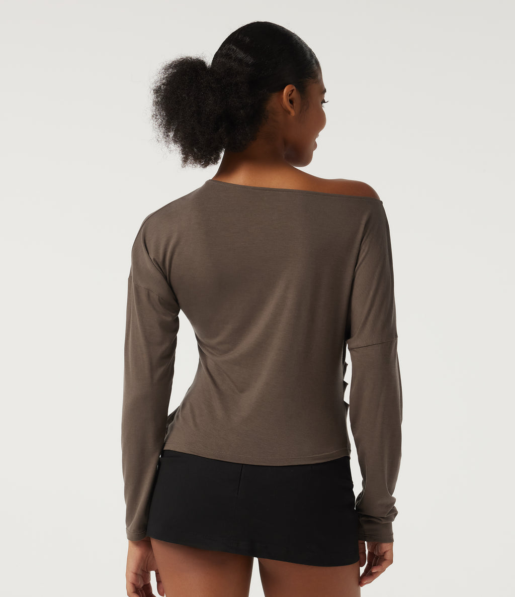One Shoulder Long Sleeve Casual Wool-Blend Top — Hearth Nut Brown — view 2