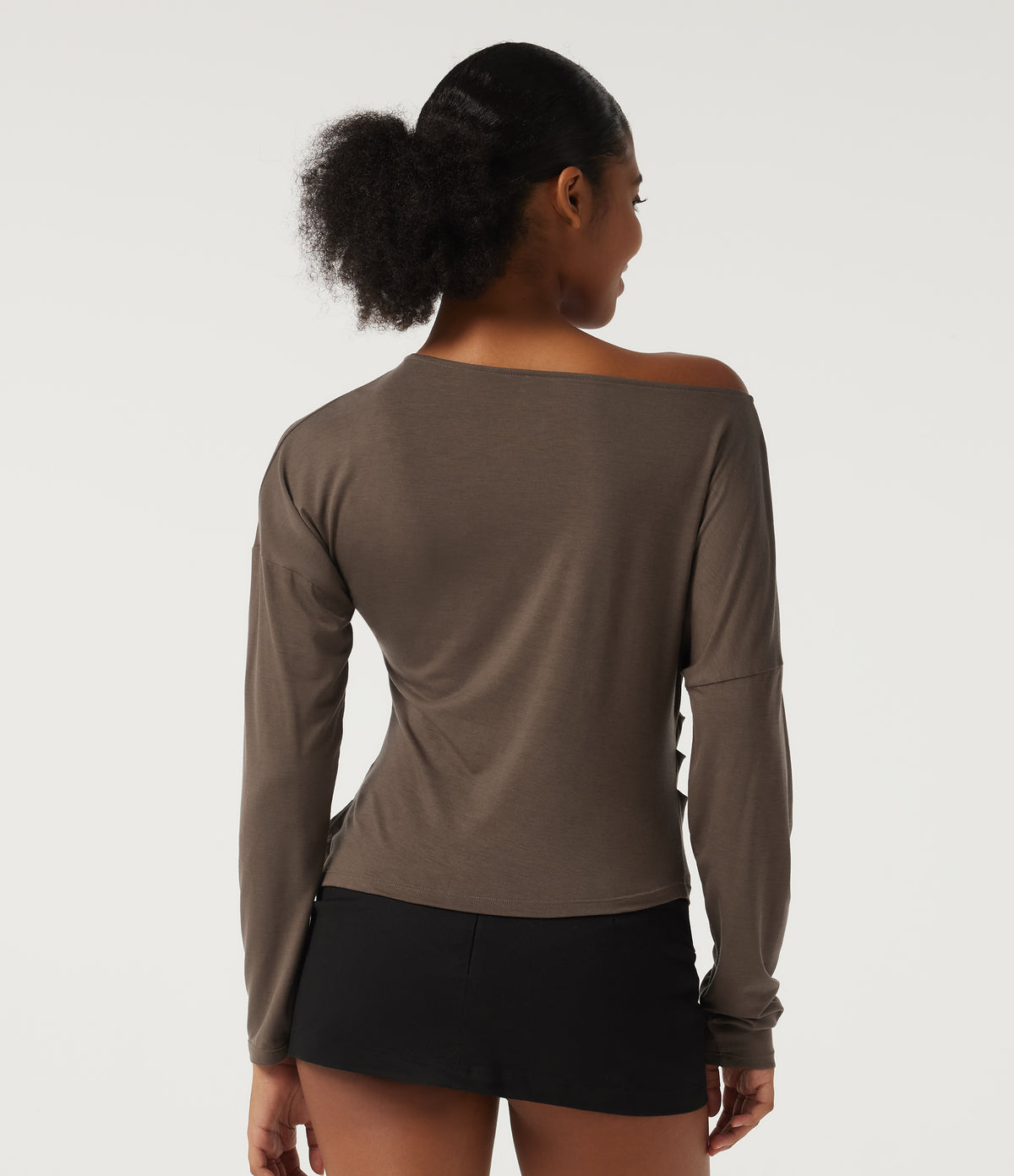 One Shoulder Long Sleeve Casual Wool-Blend Top — Hearth Nut Brown — view 2