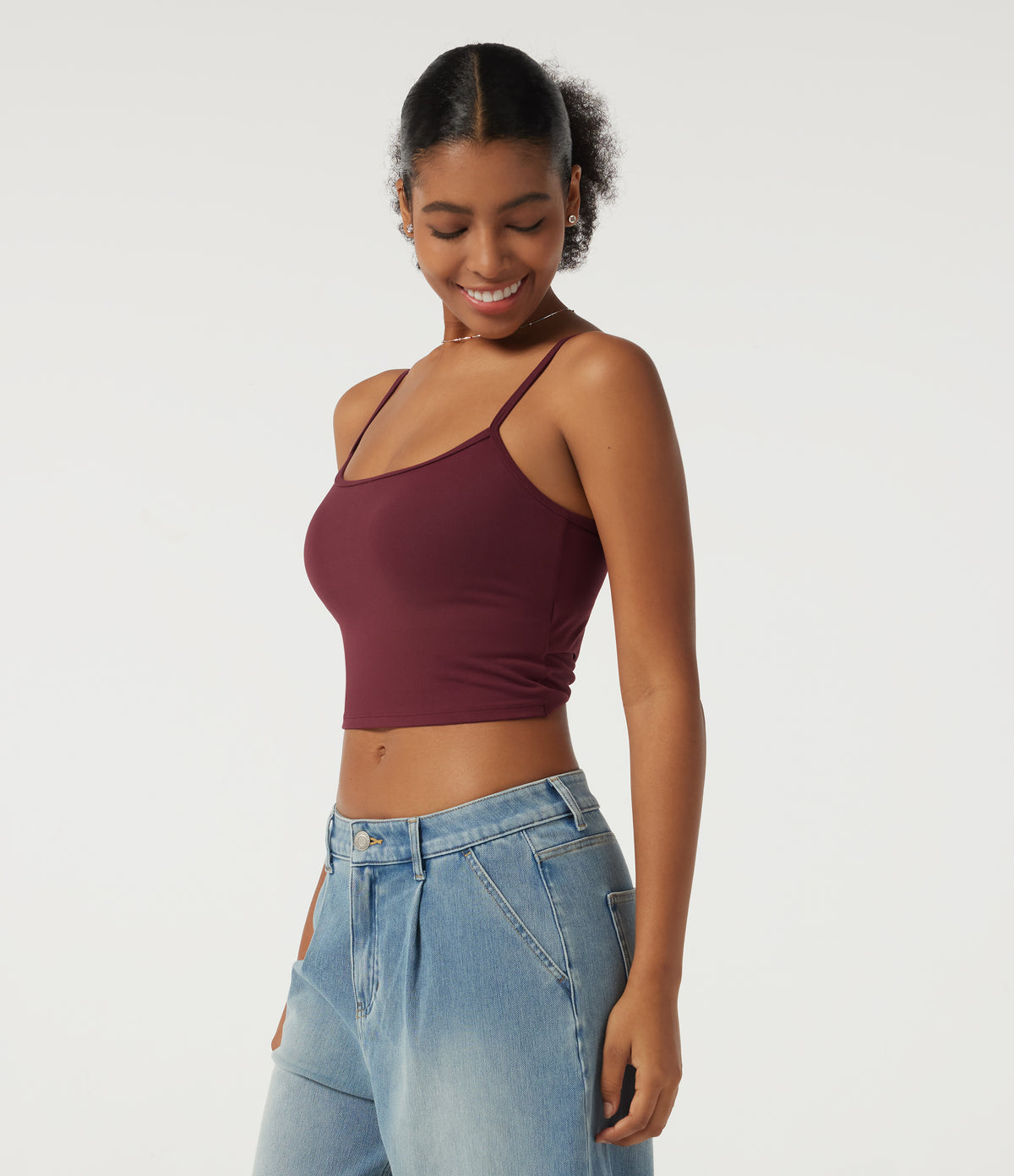 Scoop Neck Casual Cami Tank Top with Built-in Bra — Deep Wine — view 3