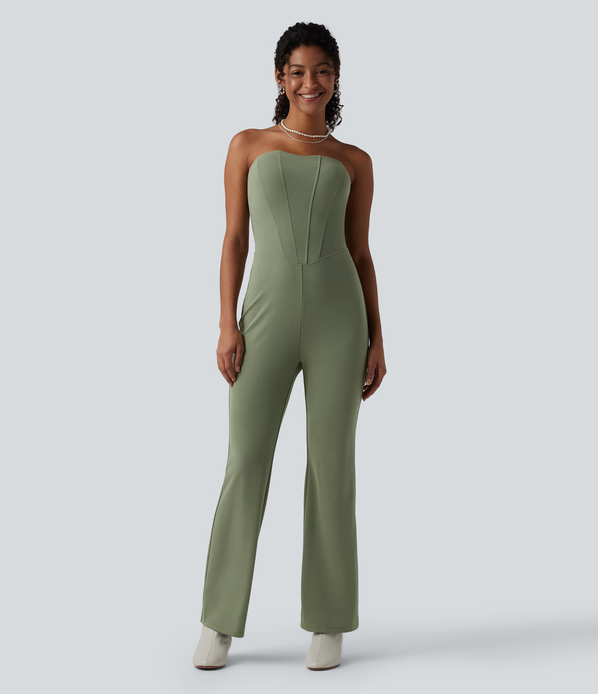 2-Piece Tube Corset Jumpsuit with Long Sleeve Lace Shrug-Edition — Oil Green — view 2