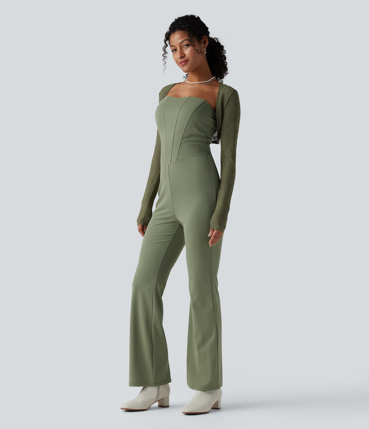 2-Piece Tube Corset Jumpsuit with Long Sleeve Lace Shrug-Edition — Oil Green — view 4