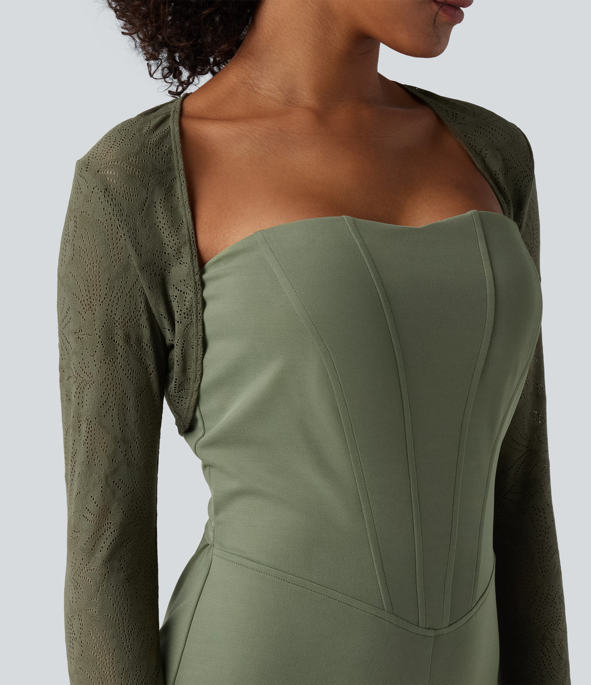 2-Piece Tube Corset Jumpsuit with Long Sleeve Lace Shrug-Edition — Oil Green — view 5