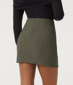 Ribbed Knit High Waisted 2-in-1 Ruched Crossover Party Mini Skirt — Moss Green Floral Velvet — view 2