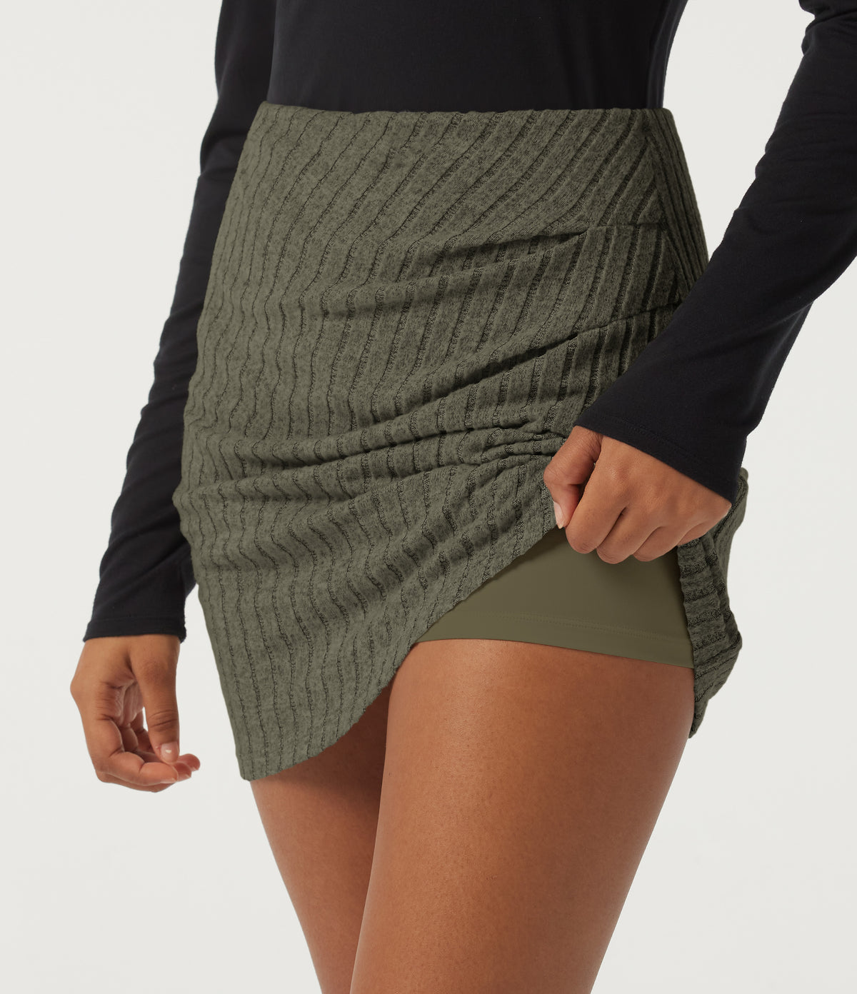 Ribbed Knit High Waisted 2-in-1 Ruched Crossover Party Mini Skirt — Moss Green Floral Velvet — view 4