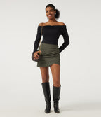 Ribbed Knit High Waisted 2-in-1 Ruched Crossover Party Mini Skirt — Moss Green Floral Velvet — view 6