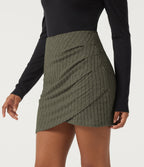 Ribbed Knit High Waisted 2-in-1 Ruched Crossover Party Mini Skirt — Moss Green Floral Velvet — view 3