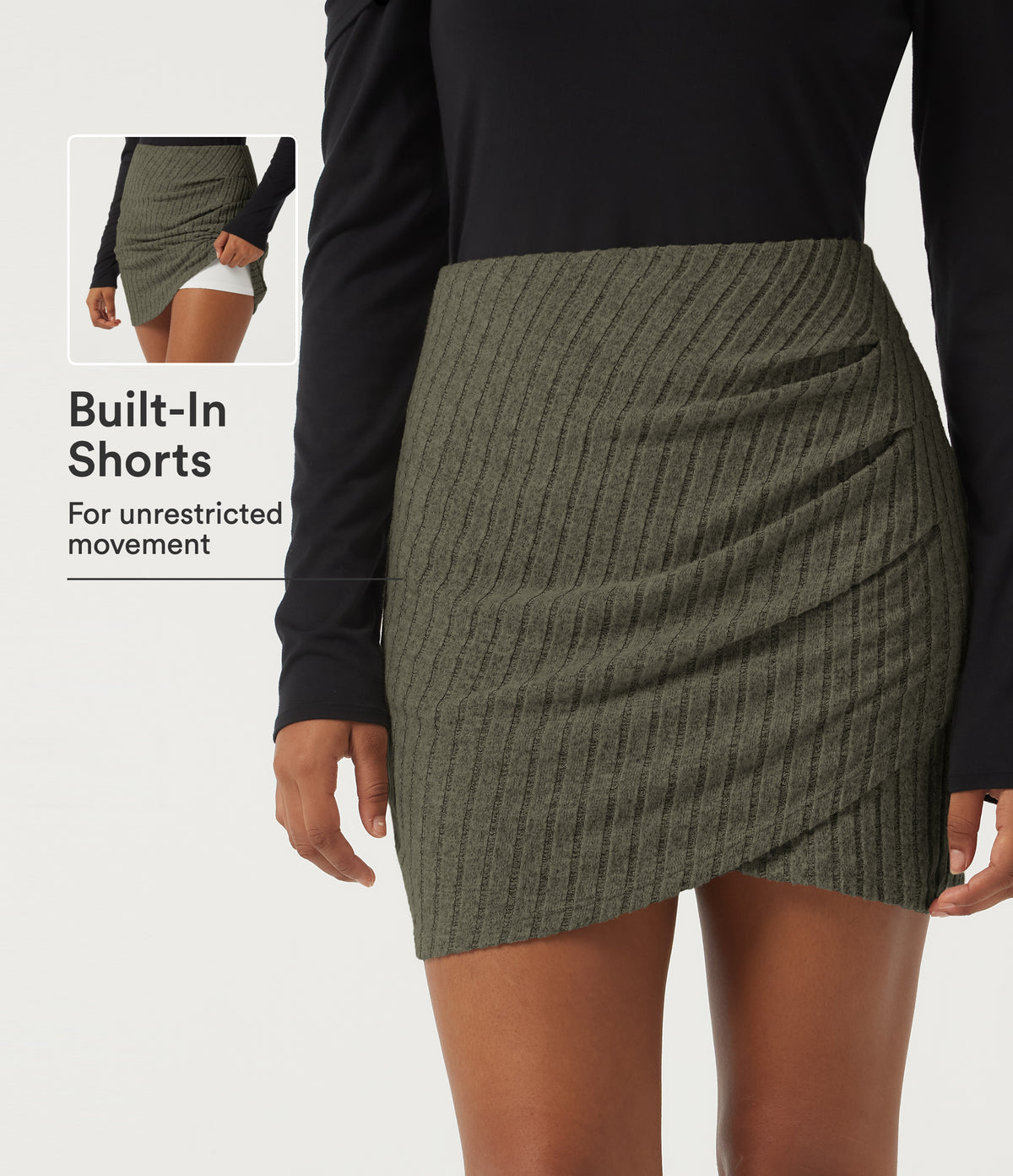 Ribbed Knit High Waisted 2-in-1 Ruched Crossover Party Mini Skirt — Moss Green Floral Velvet — view 1