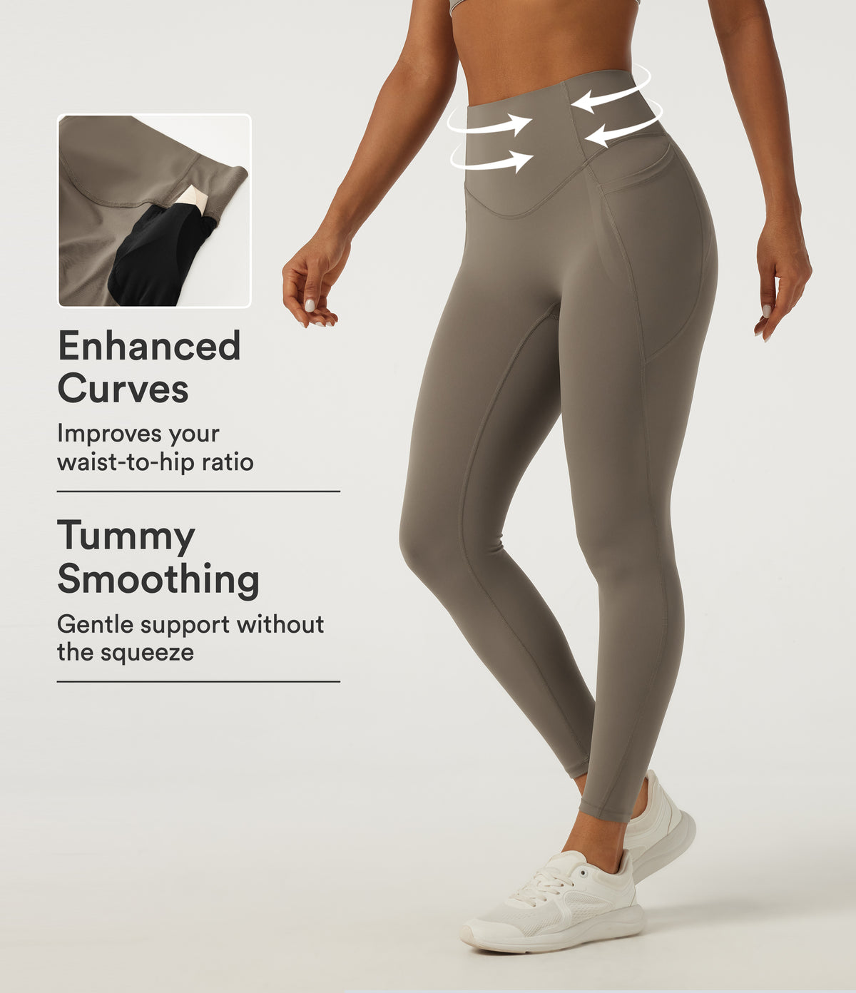 High Waisted Tummy Control Skinny Training Leggings with Pockets — Dawn Brown — view 1