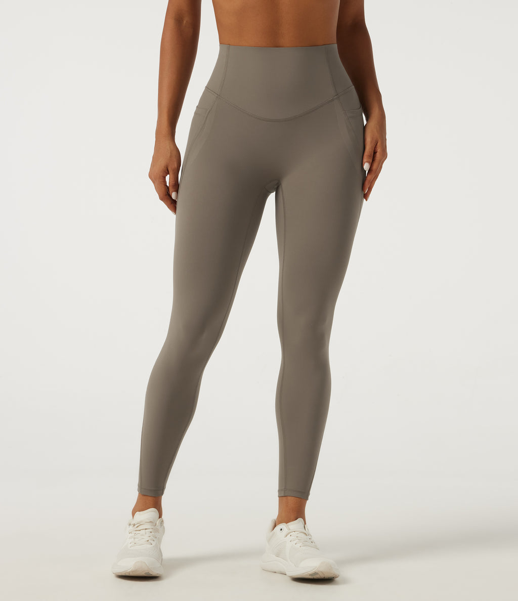 High Waisted Tummy Control Skinny Training Leggings with Pockets — Dawn Brown — view 3