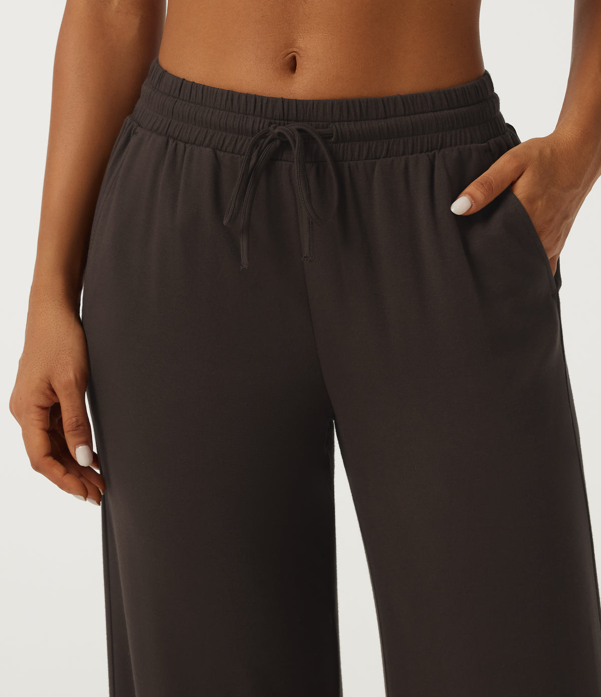 Low Rise Drawstring Straight Leg Casual Pants with Pockets — Chocolate Brown — view 4