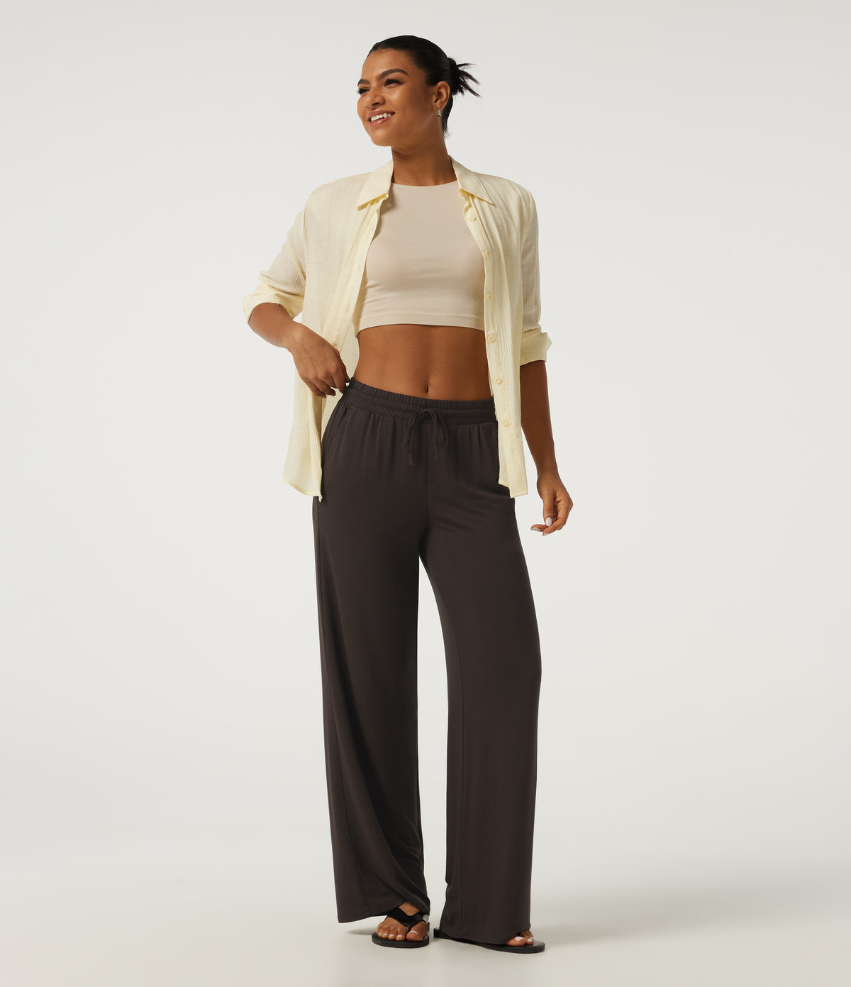 Low Rise Drawstring Straight Leg Casual Pants with Pockets — Chocolate Brown — view 6
