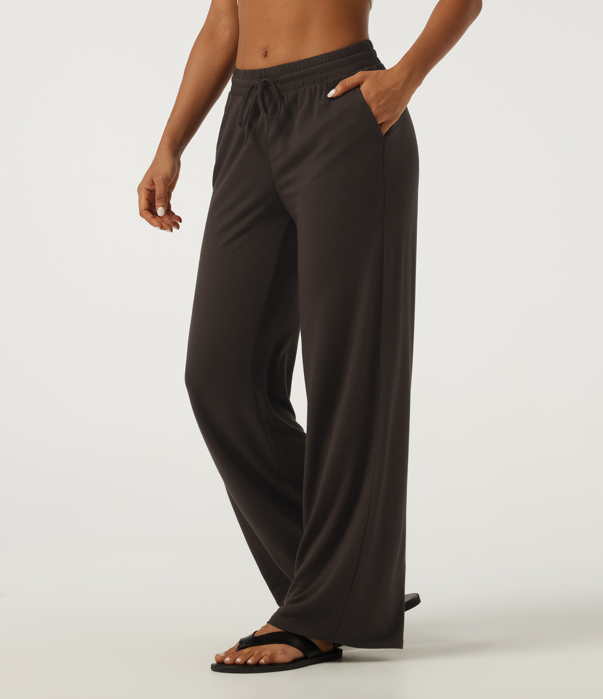 Low Rise Drawstring Straight Leg Casual Pants with Pockets — Chocolate Brown — view 3