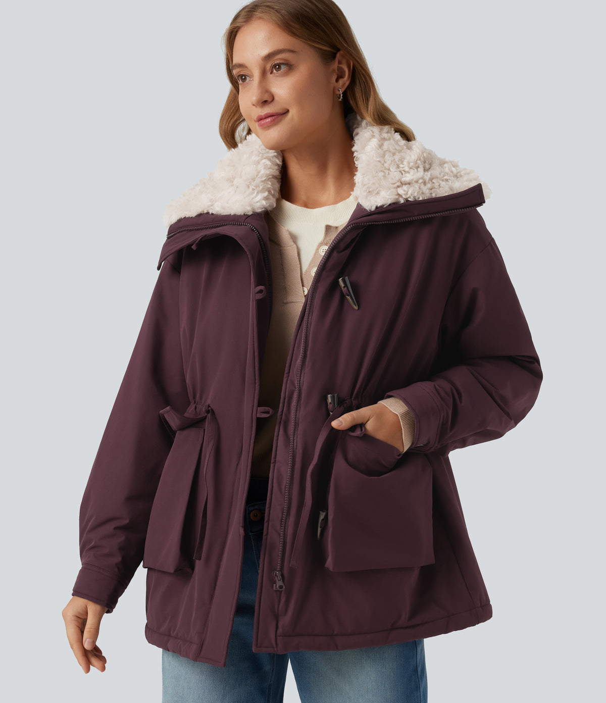 Lapel Long Sleeve Casual Padded Jacket with Pockets — Fig — view 5