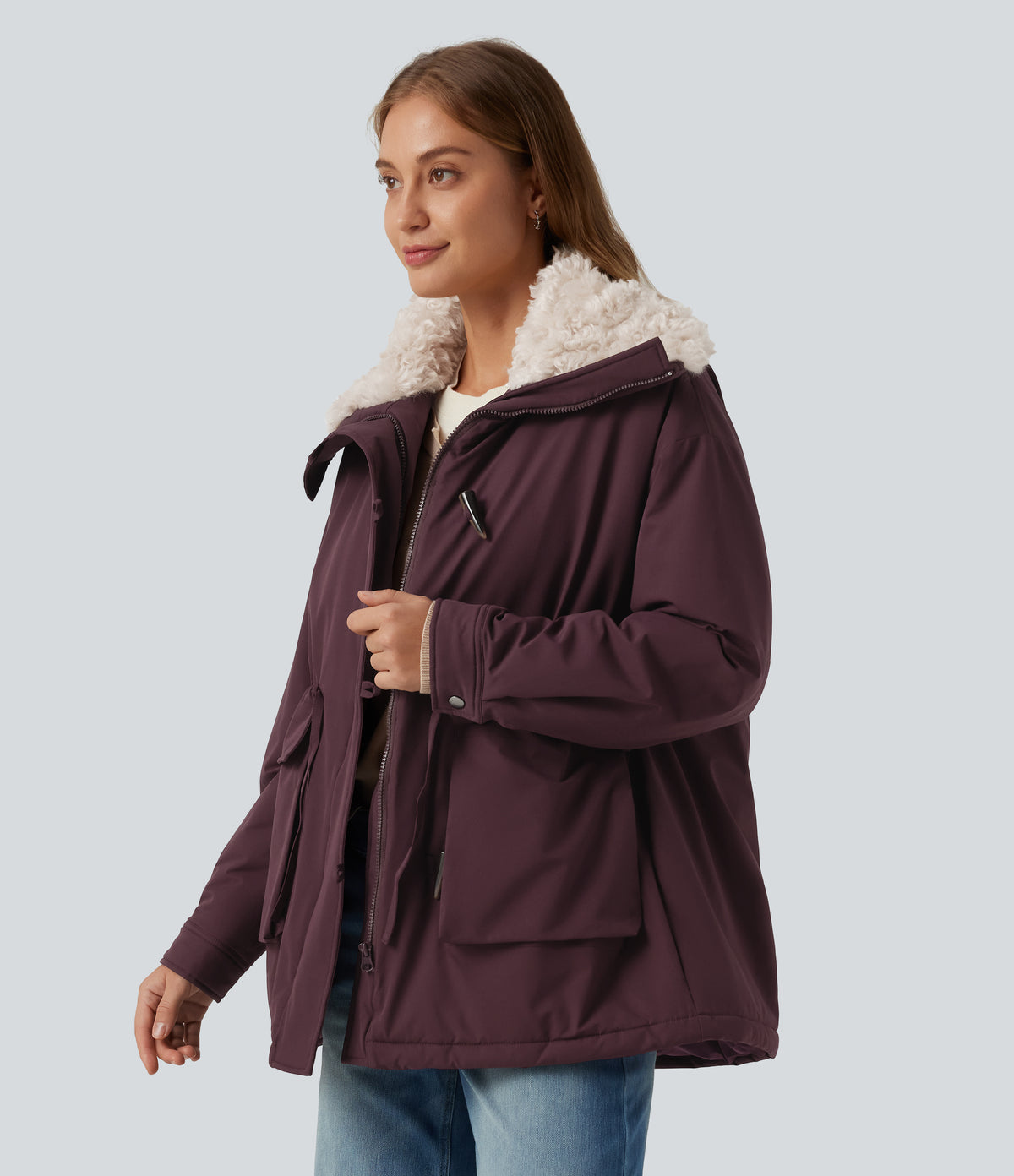 Lapel Long Sleeve Casual Padded Jacket with Pockets — Fig — view 3