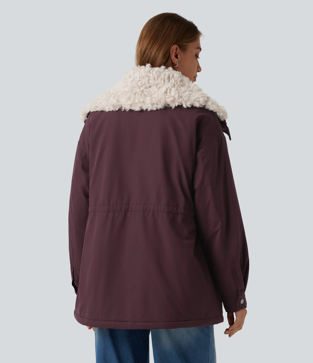 Lapel Long Sleeve Casual Padded Jacket with Pockets — Fig — view 2