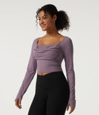 Square Neck Long Sleeve Built-in Bra InstantCool Yoga Sports Top with Thumbholes-UPF50+ — Vintage Violet — view 3