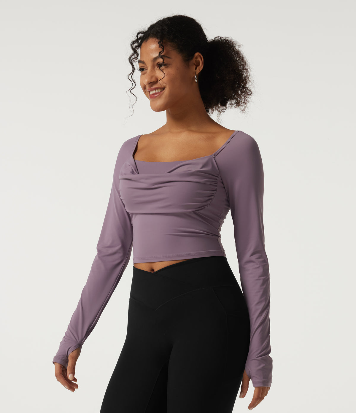 Square Neck Long Sleeve Built-in Bra InstantCool Yoga Sports Top with Thumbholes-UPF50+ — Vintage Violet — view 3