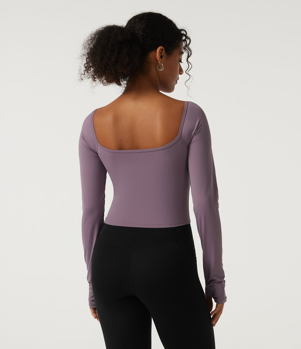 Square Neck Long Sleeve Built-in Bra InstantCool Yoga Sports Top with Thumbholes-UPF50+ — Vintage Violet — view 2