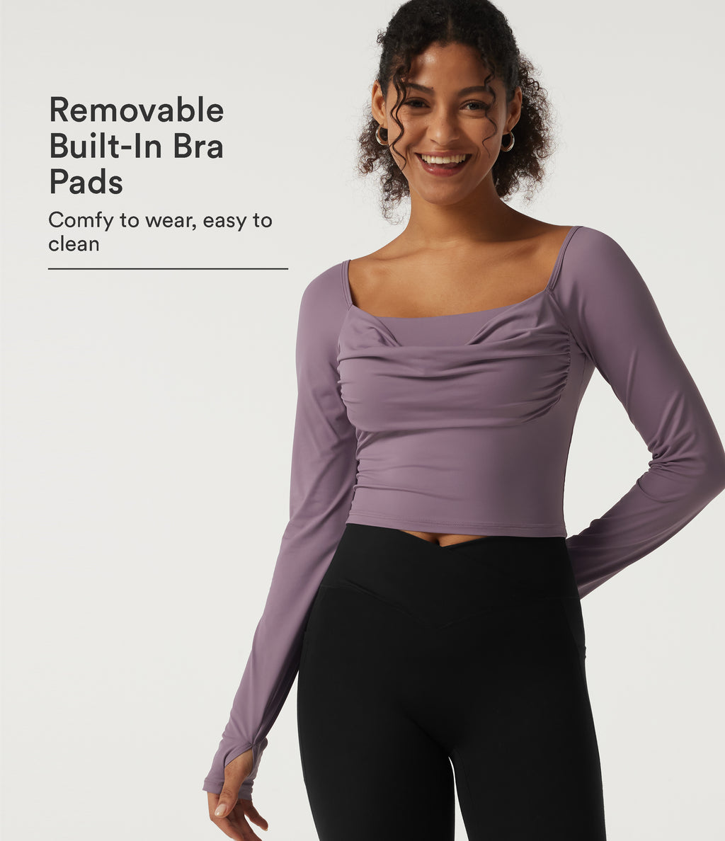 Square Neck Long Sleeve Built-in Bra InstantCool Yoga Sports Top with Thumbholes-UPF50+ — Vintage Violet — view 1