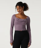 Square Neck Long Sleeve Built-in Bra InstantCool Yoga Sports Top with Thumbholes-UPF50+ — Vintage Violet — view 4