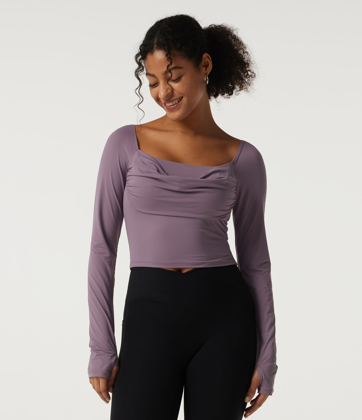 Square Neck Long Sleeve Built-in Bra InstantCool Yoga Sports Top with Thumbholes-UPF50+ — Vintage Violet — view 4