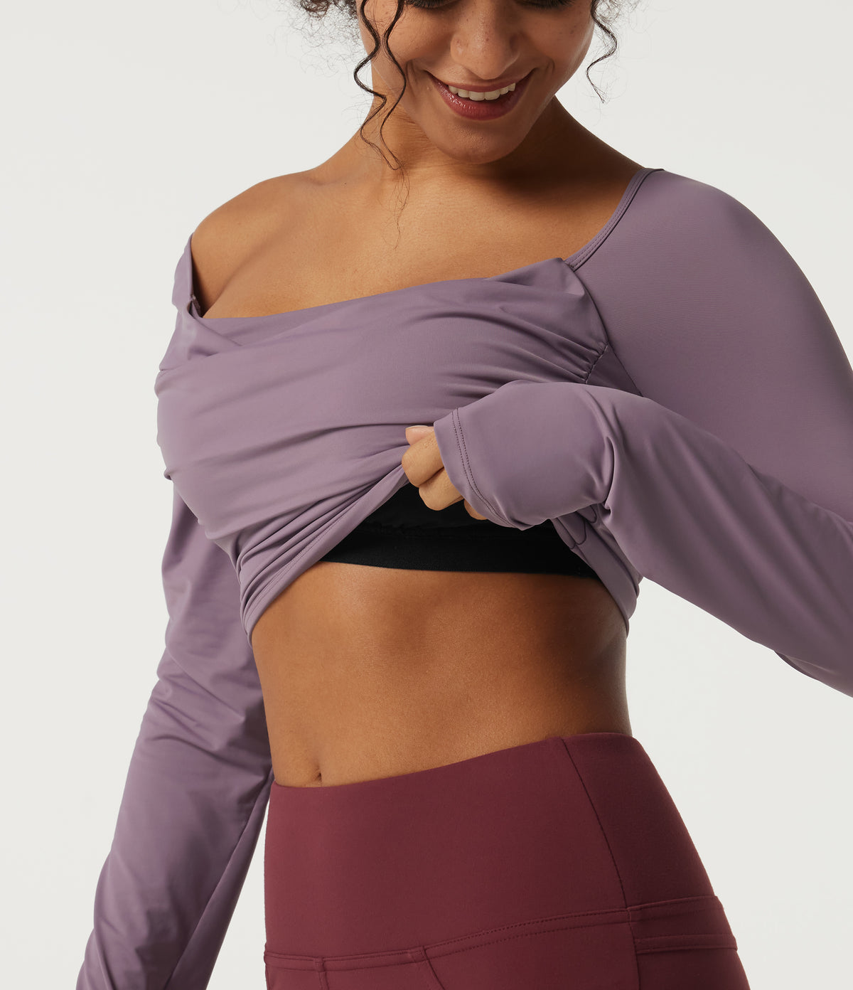 Square Neck Long Sleeve Built-in Bra InstantCool Yoga Sports Top with Thumbholes-UPF50+ — Vintage Violet — view 5