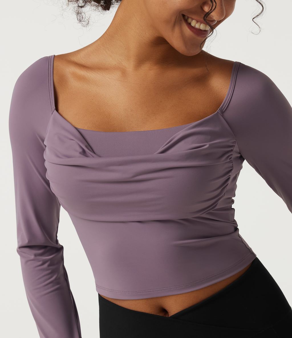 Square Neck Long Sleeve Built-in Bra InstantCool Yoga Sports Top with Thumbholes-UPF50+ — Vintage Violet — view 6