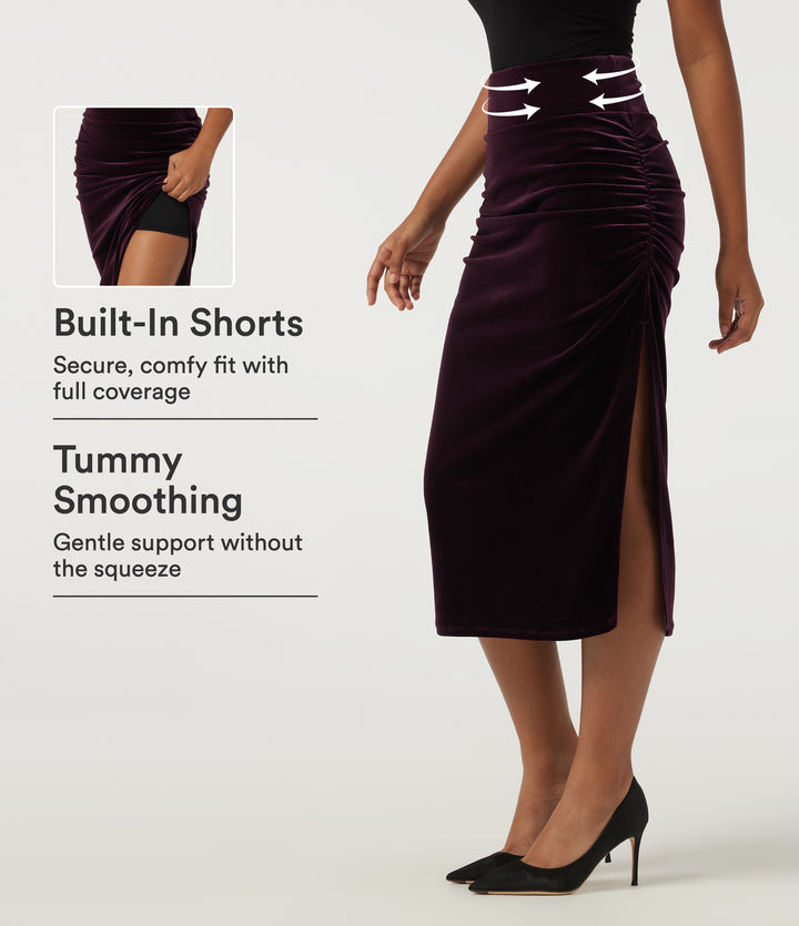 High Waisted Tummy Control Ruched Velvet Bodycon Party Midi Skirt with Built-in Shorts — Dusky purple — view 1