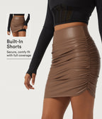 High Waisted Fleece Bodycon Party Mini Skirt with Built-in Shorts — Rustic Brown — view 1