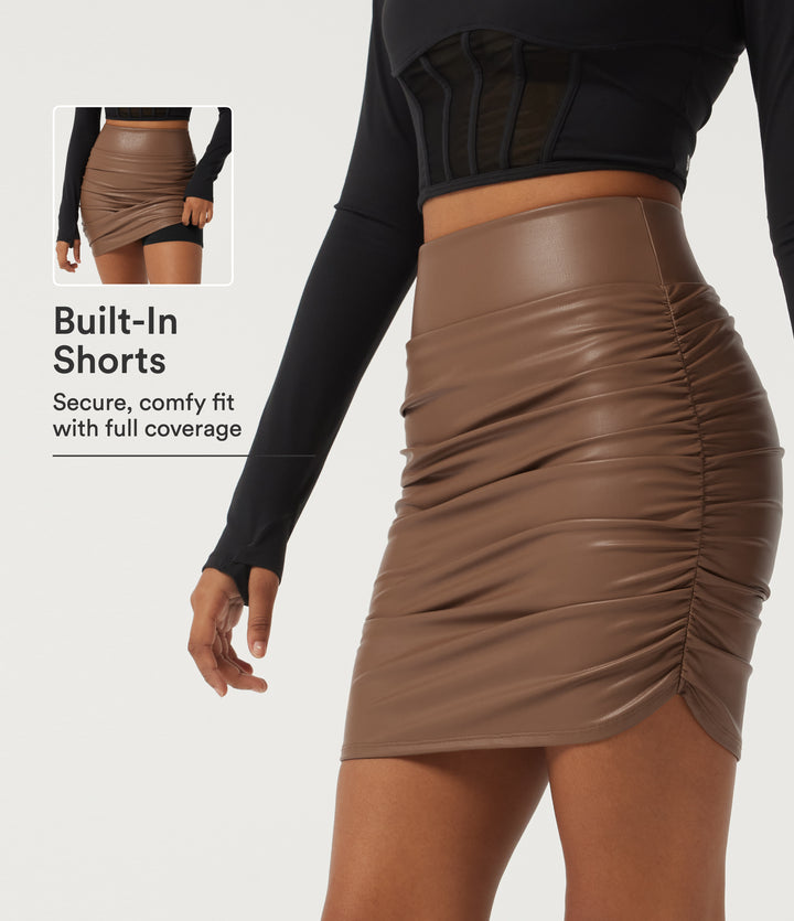 High Waisted Fleece Bodycon Party Mini Skirt with Built-in Shorts — Rustic Brown — view 1