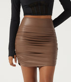 High Waisted Fleece Bodycon Party Mini Skirt with Built-in Shorts — Rustic Brown — view 2