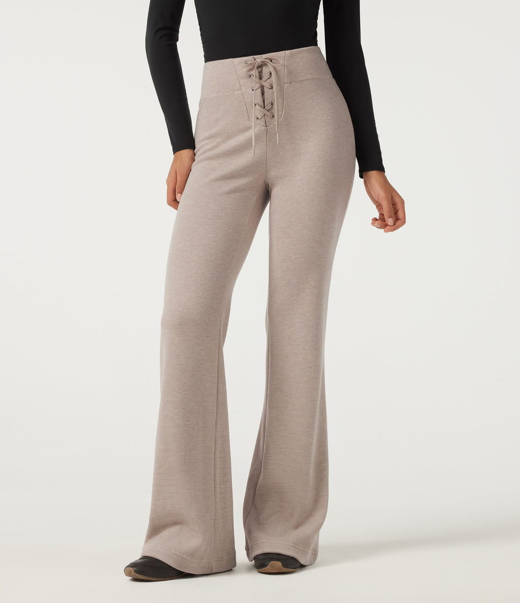 Ribbed Knit High Waisted Tie Front Flare Casual Trousers with Pockets — Oatstone Beige — view 4