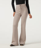 Ribbed Knit High Waisted Tie Front Flare Casual Trousers with Pockets — Oatstone Beige — view 4