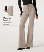 Ribbed Knit High Waisted Tie Front Flare Casual Trousers with Pockets — Oatstone Beige — view 1