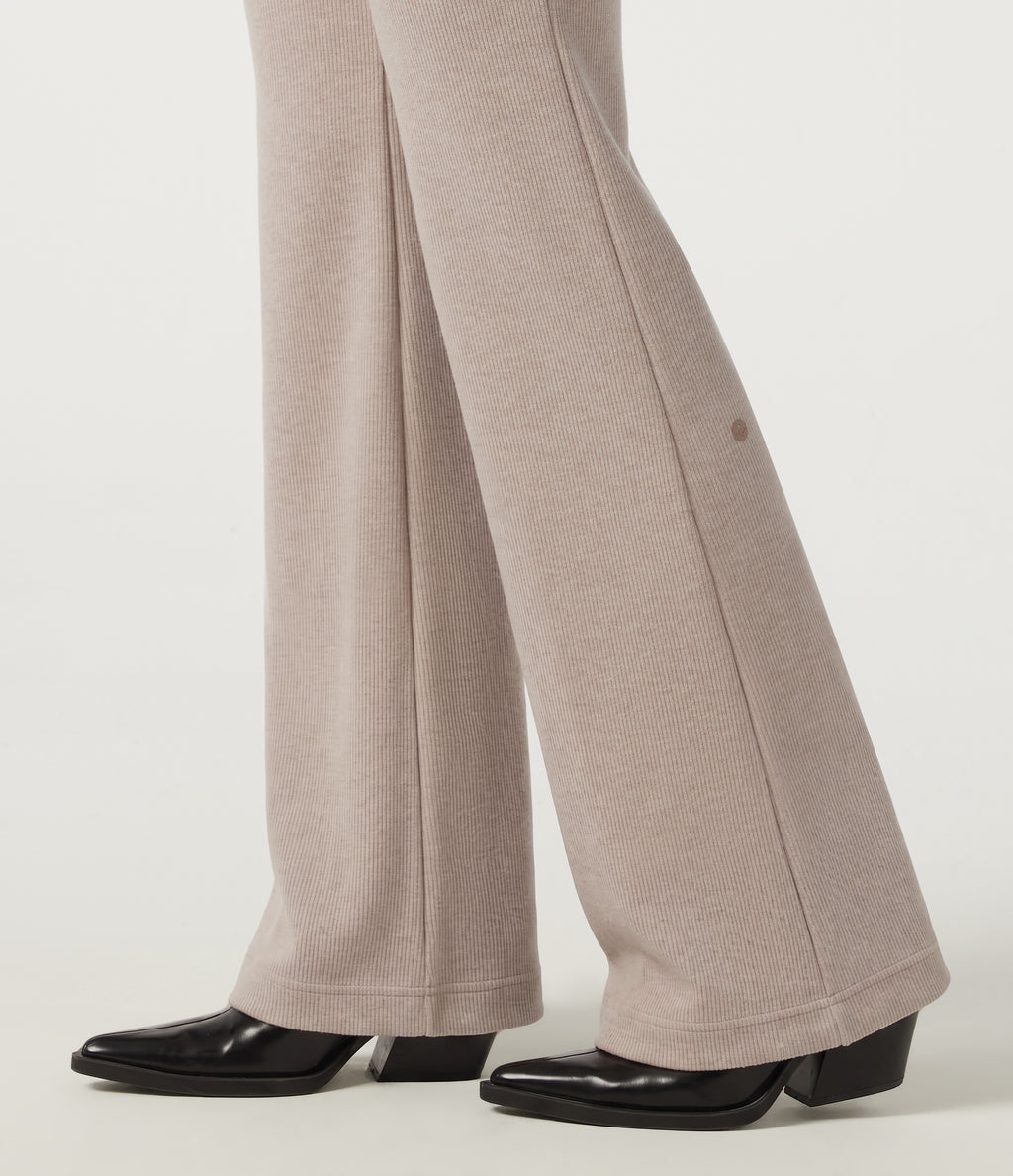 Ribbed Knit High Waisted Tie Front Flare Casual Trousers with Pockets — Oatstone Beige — view 7